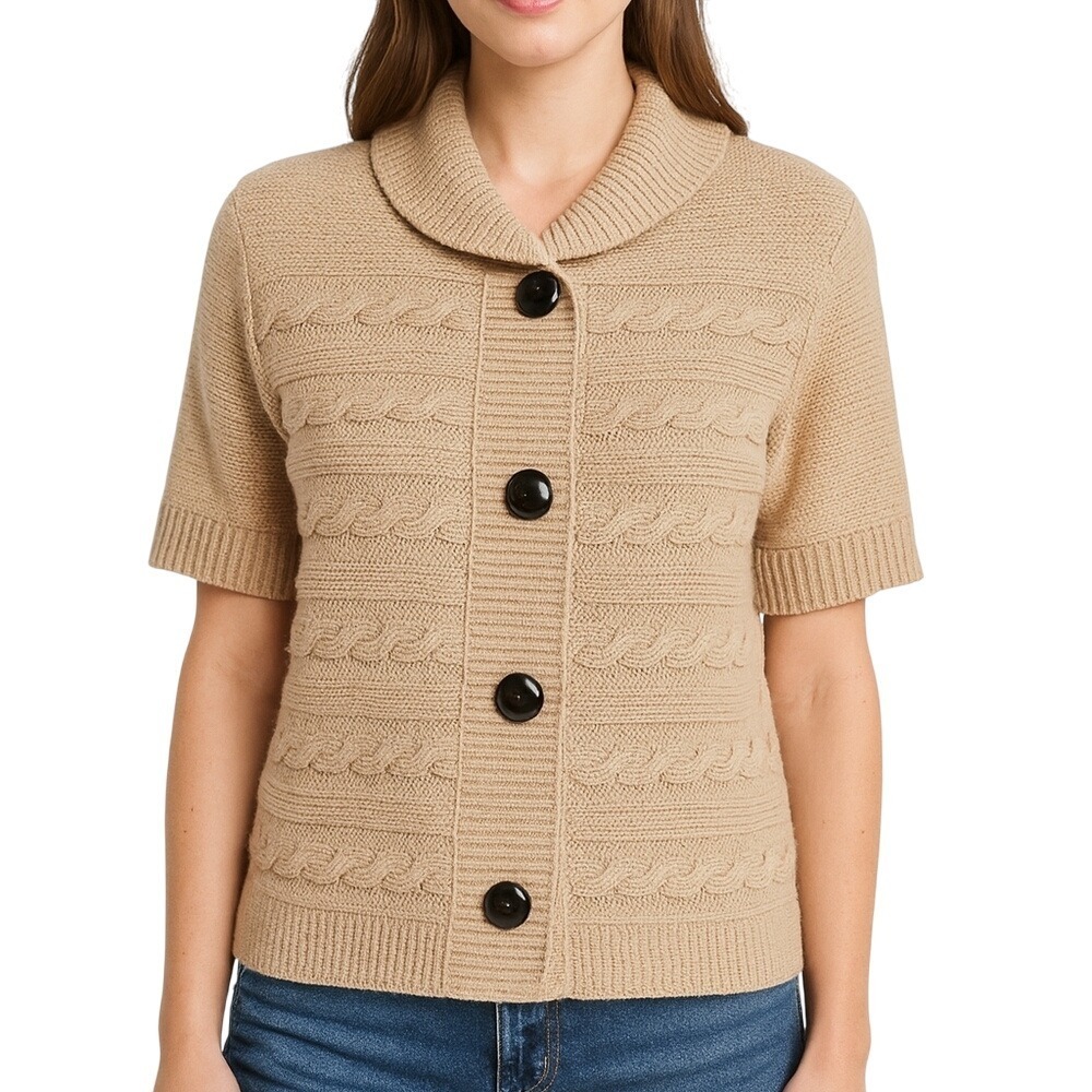 Talbots 100% Cotton Cable Knit Shawl Collar Cardigan Short Sleeve Beige